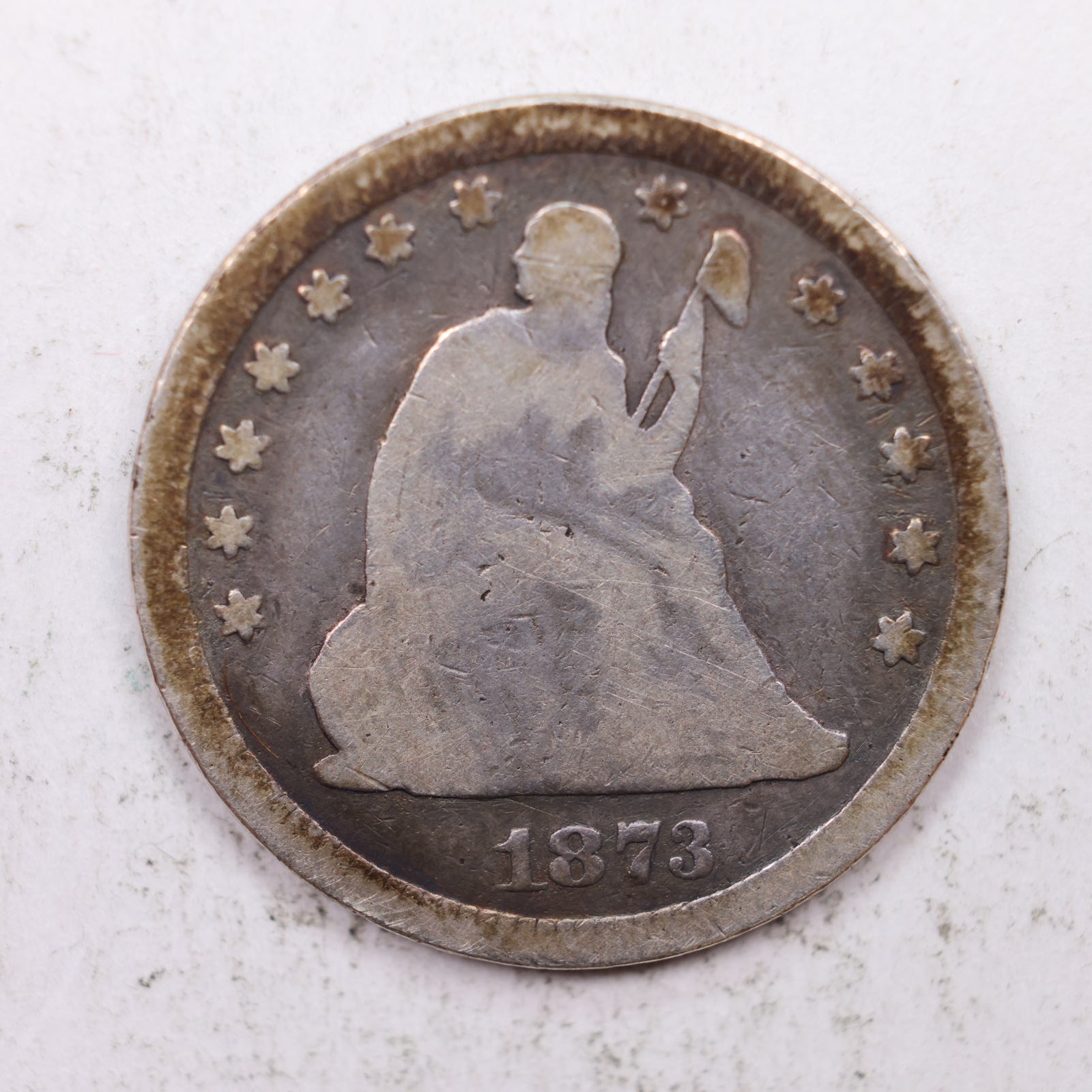 1873 Seated Liberty Quarter, Very Good Circulated Collectible Coin, Store #QR1282.