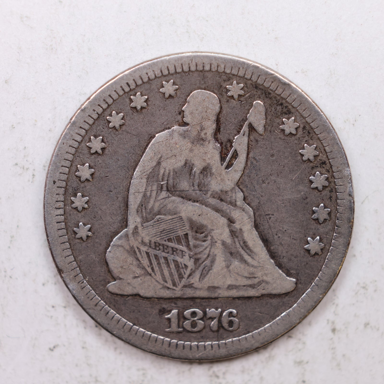 1876-CC Seated Liberty Quarter, Fine Circulated Collectible Coin, Store #QR1285.