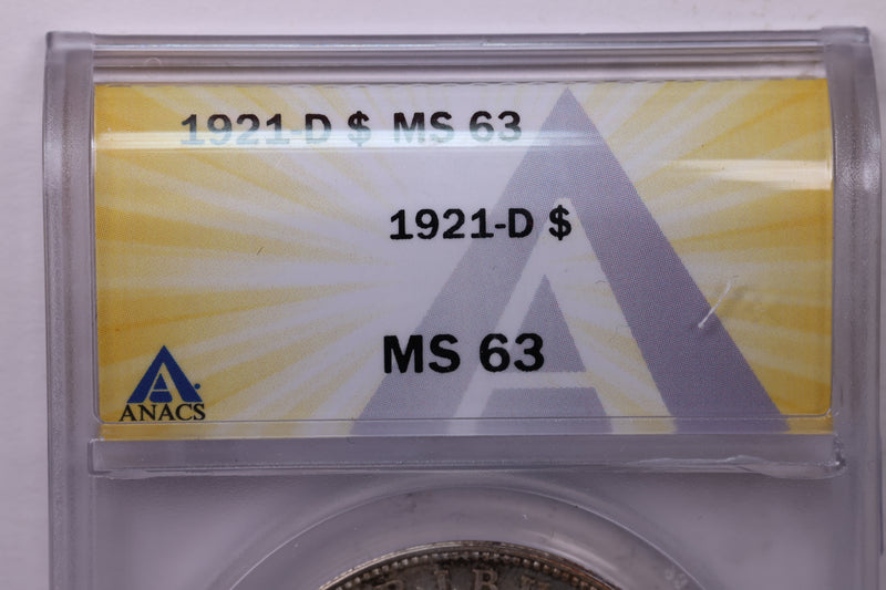 1921-D Morgan Silver Dollar., ANACS MS63., Affordable Collectible Coin Store Sale