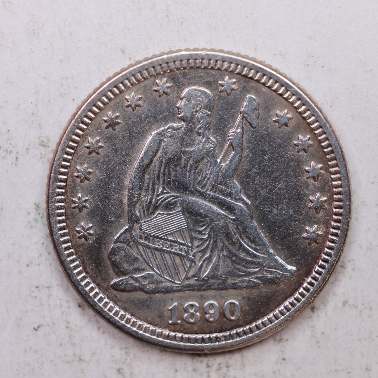 1890 Seated Liberty Quarter, About Uncirculated, Slider Collectible Coin, Store #QR1296.