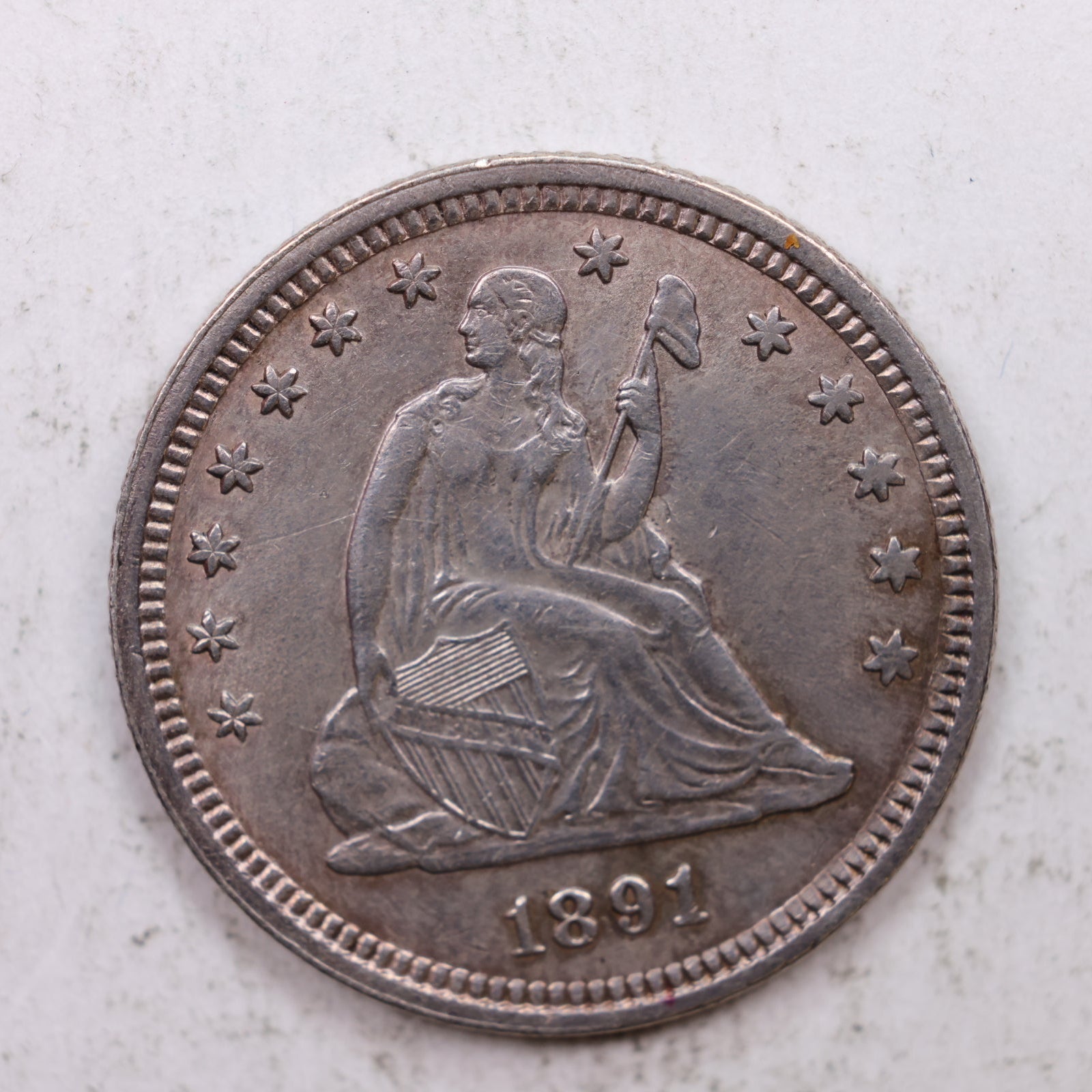 1891 Seated Liberty Quarter, Mint State Uncirculated Collectible Coin, Store #QR1297.