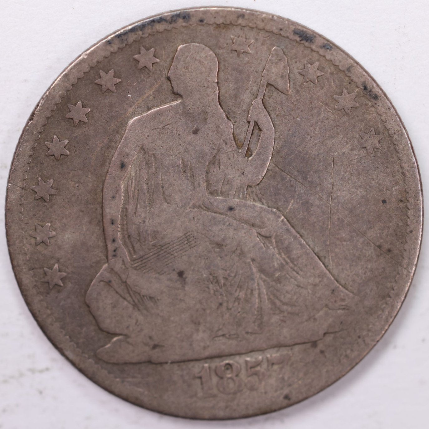 1857 Liberty Seated Half Dollar, Good Circulated Coin, Store #H857.02