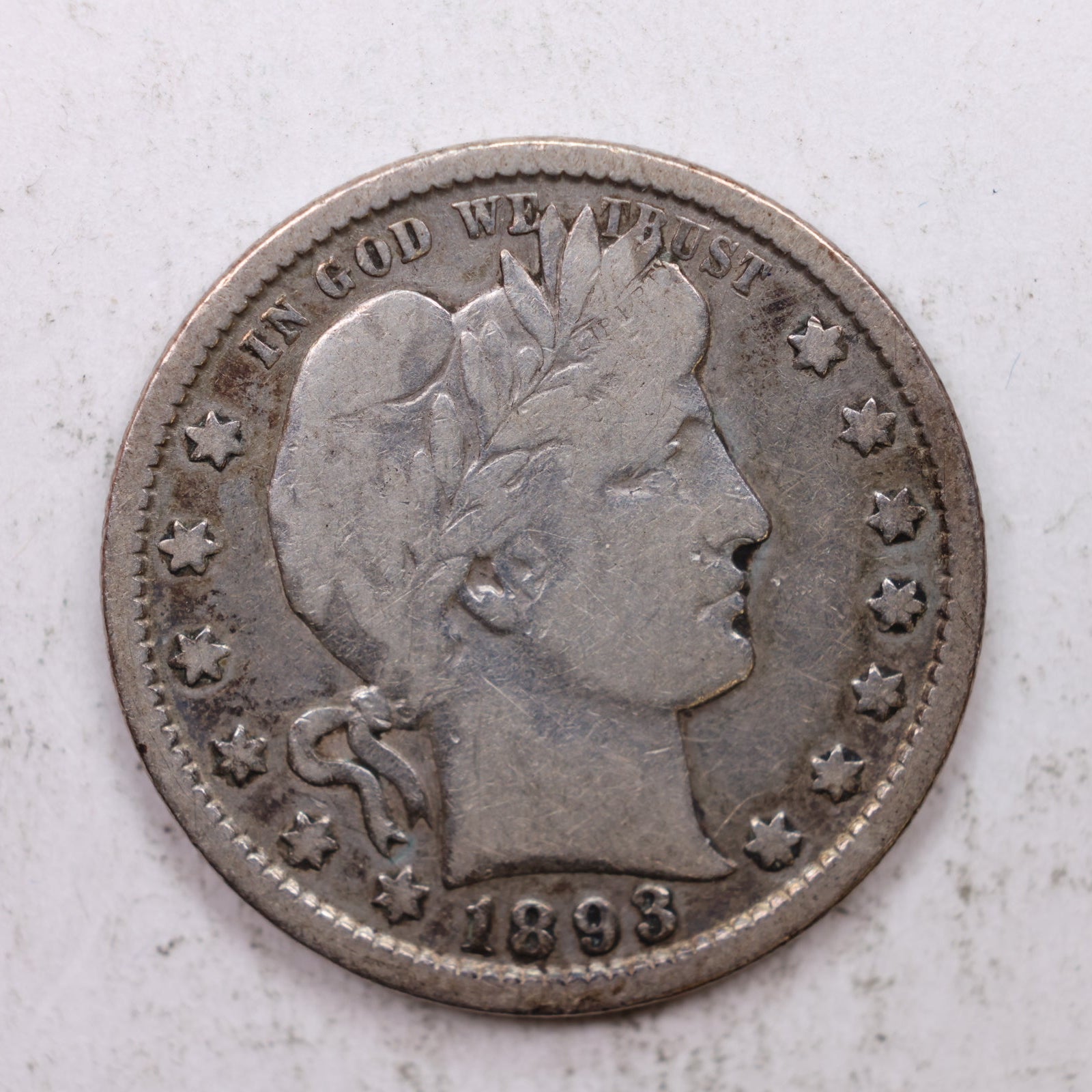 1893-O Barber Silver Quarter, Fine Circulated Collectible Coin, Store #QR1198.