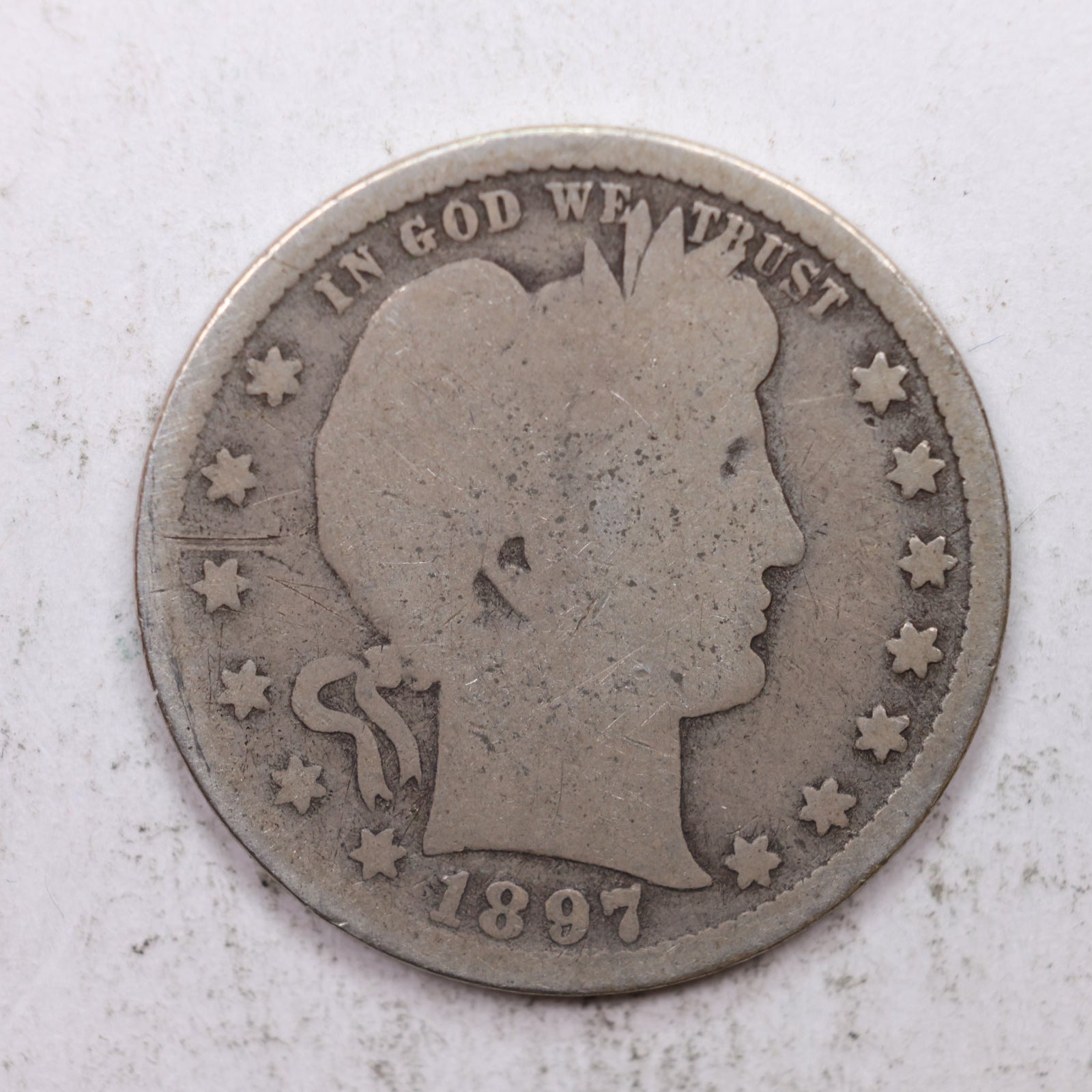 1897-S Barber Silver Quarter, Good Circulated Collectible Coin, Store #QR1324.