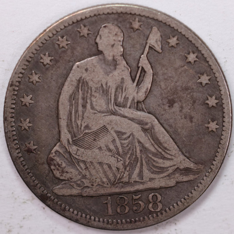 1858 Liberty Seated Half Dollar, Fine Circulated Coin, Store