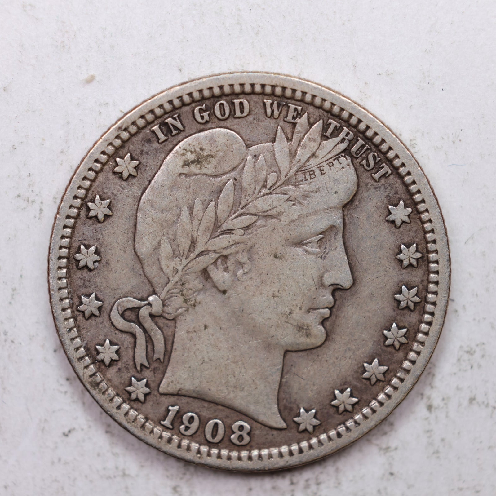 1908-D Barber Silver Quarter, Very Fine Plus Circulated Collectible Coin, Store #QR1334.