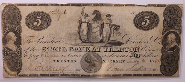 1822 $5, State Bank, Trenton, N.J., Obsolete., #18285