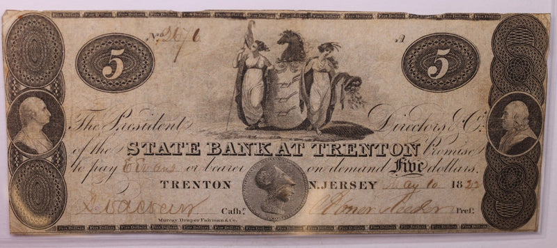 1822 $5, State Bank, Trenton, N.J., Obsolete.,