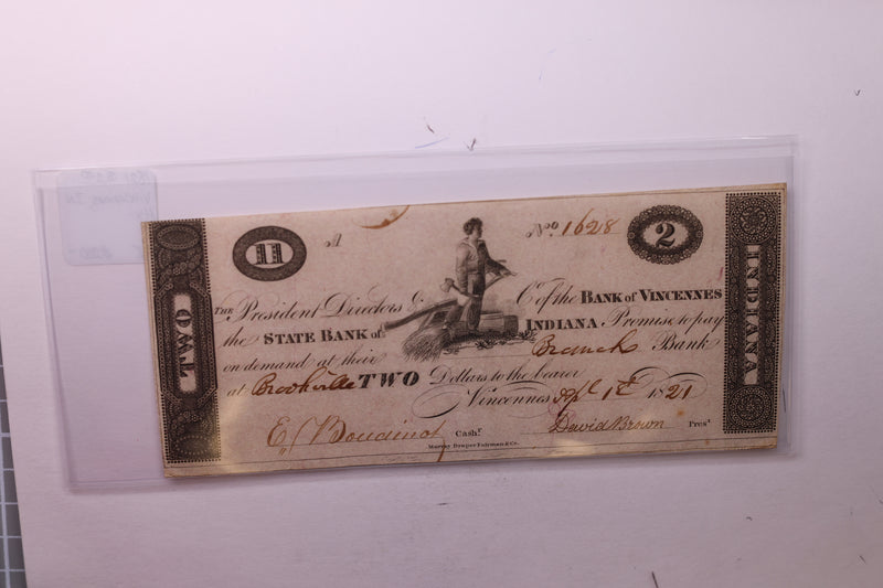 1821 $2, Bank of Vincennes, Indiana.,  Obsolete Currency.,