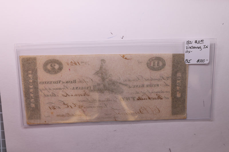 1821 $2, Bank of Vincennes, Indiana.,  Obsolete Currency.,