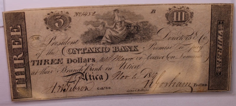 1819 $3, Ontario Bank, Utica, NY., (counterfeit)., Obsolete Currency.,