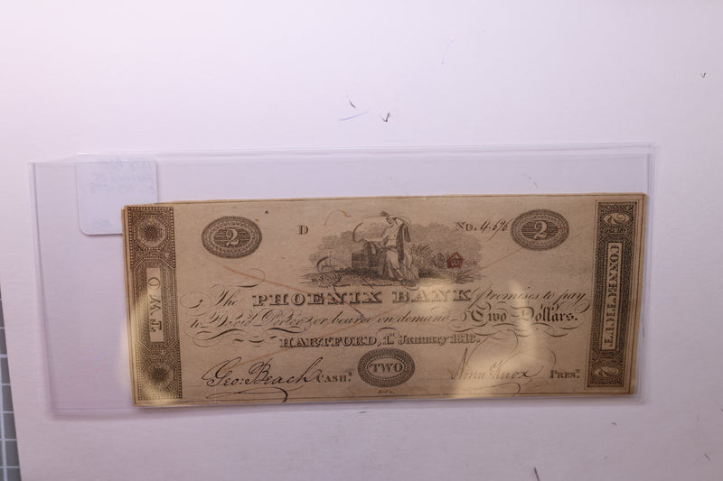 1818 $2, Phoenix Bank, Hartford, CT., Obsolete Currency.,