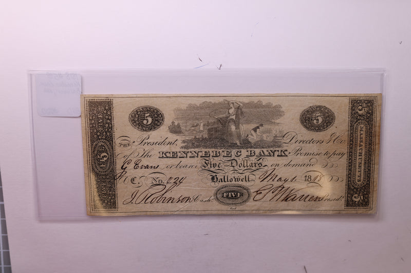 1818 $5, Kennebec Bank., Ballowell, MA., Obsolete Currency.,