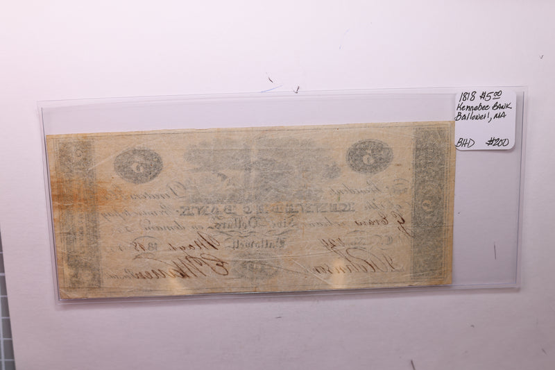 1818 $5, Kennebec Bank., Ballowell, MA., Obsolete Currency.,