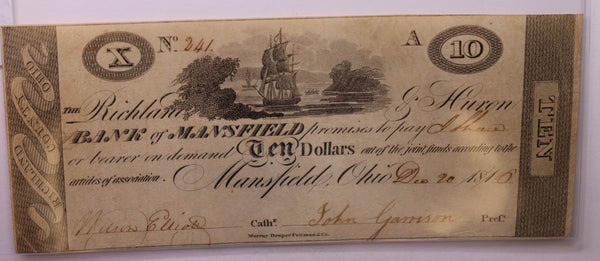 1816 $10, Bank of Mansfield, Mansfield, OH., Obsolete Currency., #18320