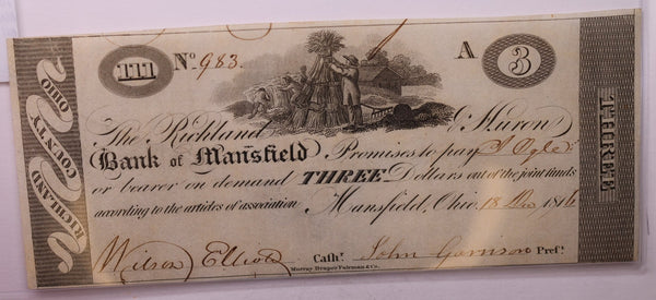 1816 $3, Bank of Mansfield, Mansfield, OH., Obsolete Currency., #18321
