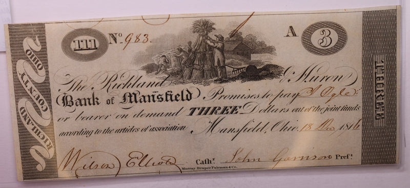 1816 $3, Bank of Mansfield, Mansfield, OH., Obsolete Currency.,