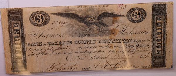 1816 $3, Bank of Fayette County, Salem, PA., Obsolete Currency., #18322