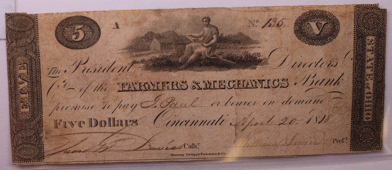 1818 $5, Farmers Bank, Cincinnati, OH., Obsolete Currency.,