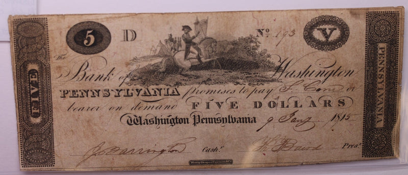 1815 $5, Bank of Washington, Wash PA., Obsolete Currency.,