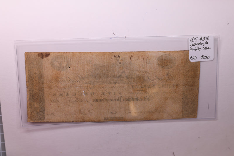 1815 $5, Bank of Washington, Wash PA., Obsolete Currency.,