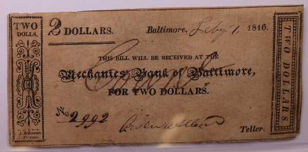 1816 $2, Mechanics Bank, Baltimore MD., Obsolete Currency., #18326