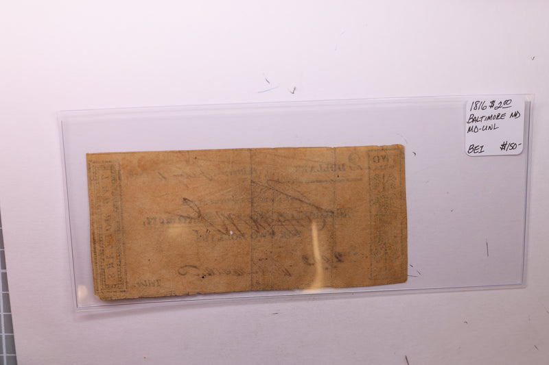 1816 $2, Mechanics Bank, Baltimore MD., Obsolete Currency.,