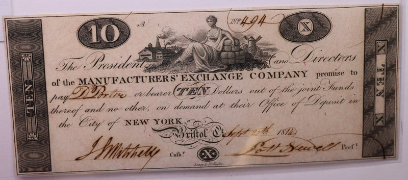 1814 $10, Manufacturers' Bank, Bristol, CT., Obsolete Currency.,