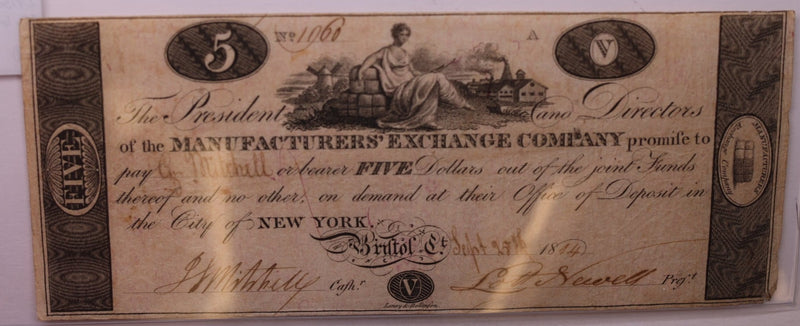 1814 $5, Manufacturers' Bank, Bristol, CT., Obsolete Currency.,