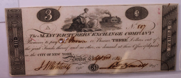 1814 $3, Manufacturers' Bank, Bristol, CT., Obsolete Currency., #18332