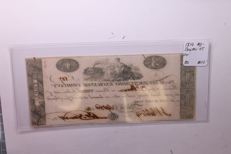 1814 $3, Manufacturers' Bank, Bristol, CT., Obsolete Currency.,