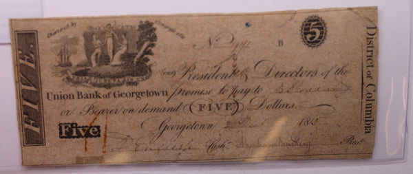 1815 $5, Union Bank of Georgetown, Wash D.C., Obsolete Currency., #18333