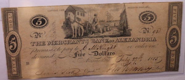 1815 $5, Merchants Bank of Alexandria, Wash D.C., Obsolete Currency., #18337