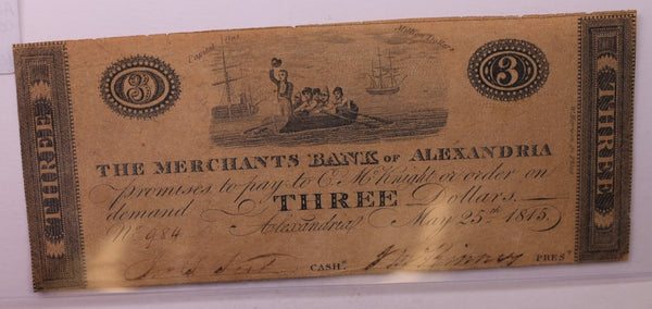 1815 $3, Merchants Bank of Alexandria, Wash D.C., Obsolete Currency., #18338