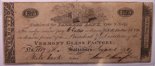 1814 $1.75, Vermont Glass Company., Obsolete Currency., #18341