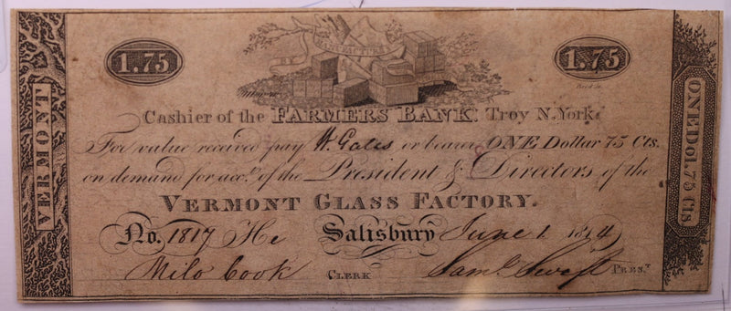 1814 $1.75, Vermont Glass Company., Obsolete Currency.,