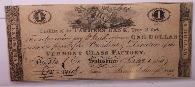 1814 $1, Vermont Glass Company., Obsolete Currency.,