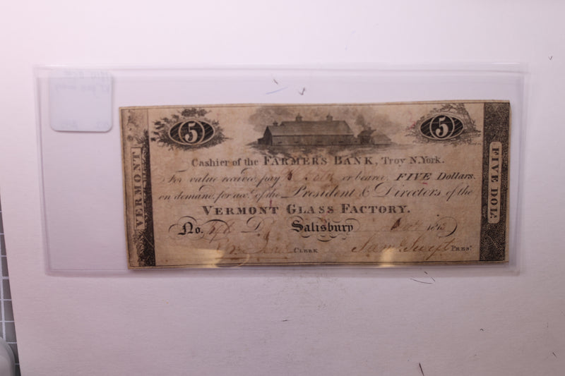 1814 $5, Vermont Glass Company., Obsolete Currency.,