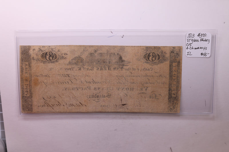 1814 $3., Vermont Glass Company., Obsolete Currency.,