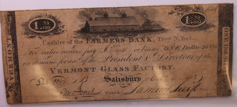 1814 $1.25., Vermont Glass Company., Obsolete Currency.,