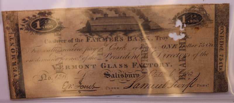 1814 $1.75., Vermont Glass Company., Obsolete Currency.,