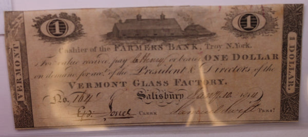 1814 $1.00., Vermont Glass Company., Obsolete Currency., #18347