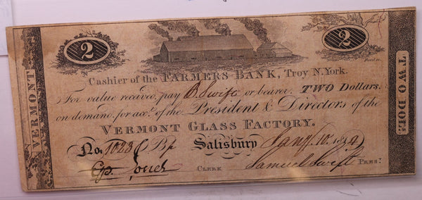 1814 $2., Vermont Glass Company., Obsolete Currency., #18348