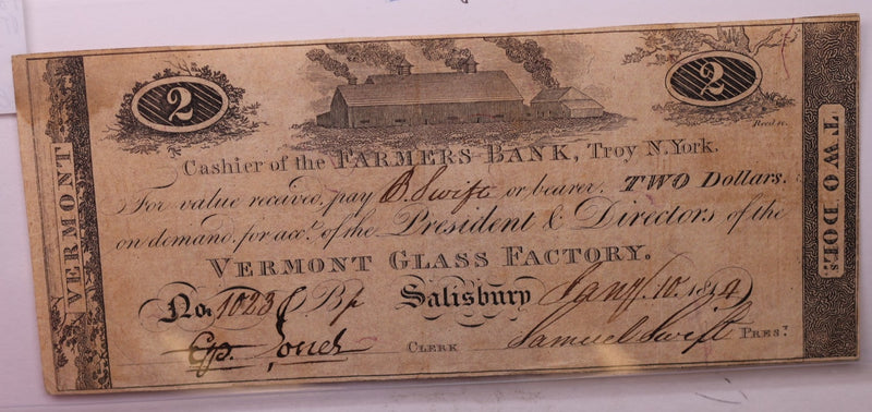 1814 $2., Vermont Glass Company., Obsolete Currency.,