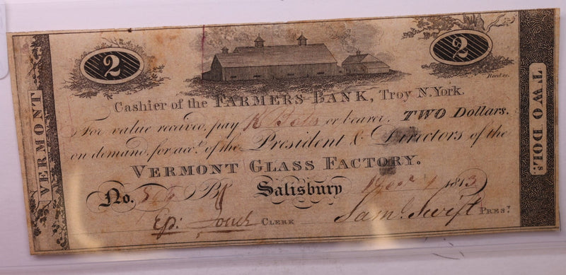 1813 $2., Vermont Glass Company., Obsolete Currency.,