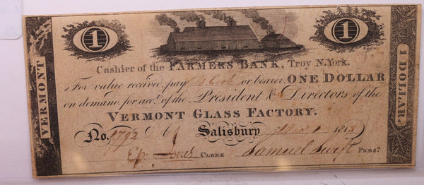 1813 $1., Vermont Glass Company., Obsolete Currency., #18350