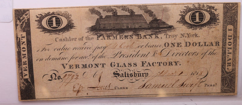 1813 $1., Vermont Glass Company., Obsolete Currency.,