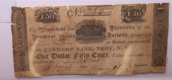 1813 $1.50, Vermont Glass Company., Obsolete Currency., #18352