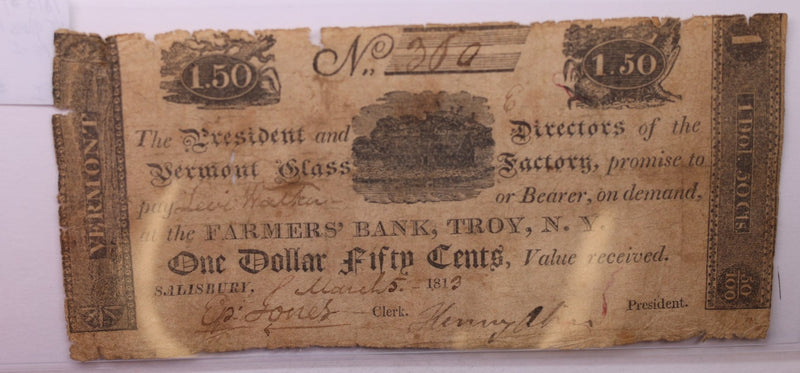 1813 $1.50, Vermont Glass Company., Obsolete Currency.,