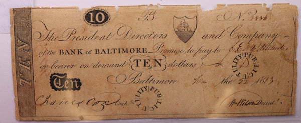 1813 $10, Bank of Baltimore, MD., Obsolete Currency., #18353